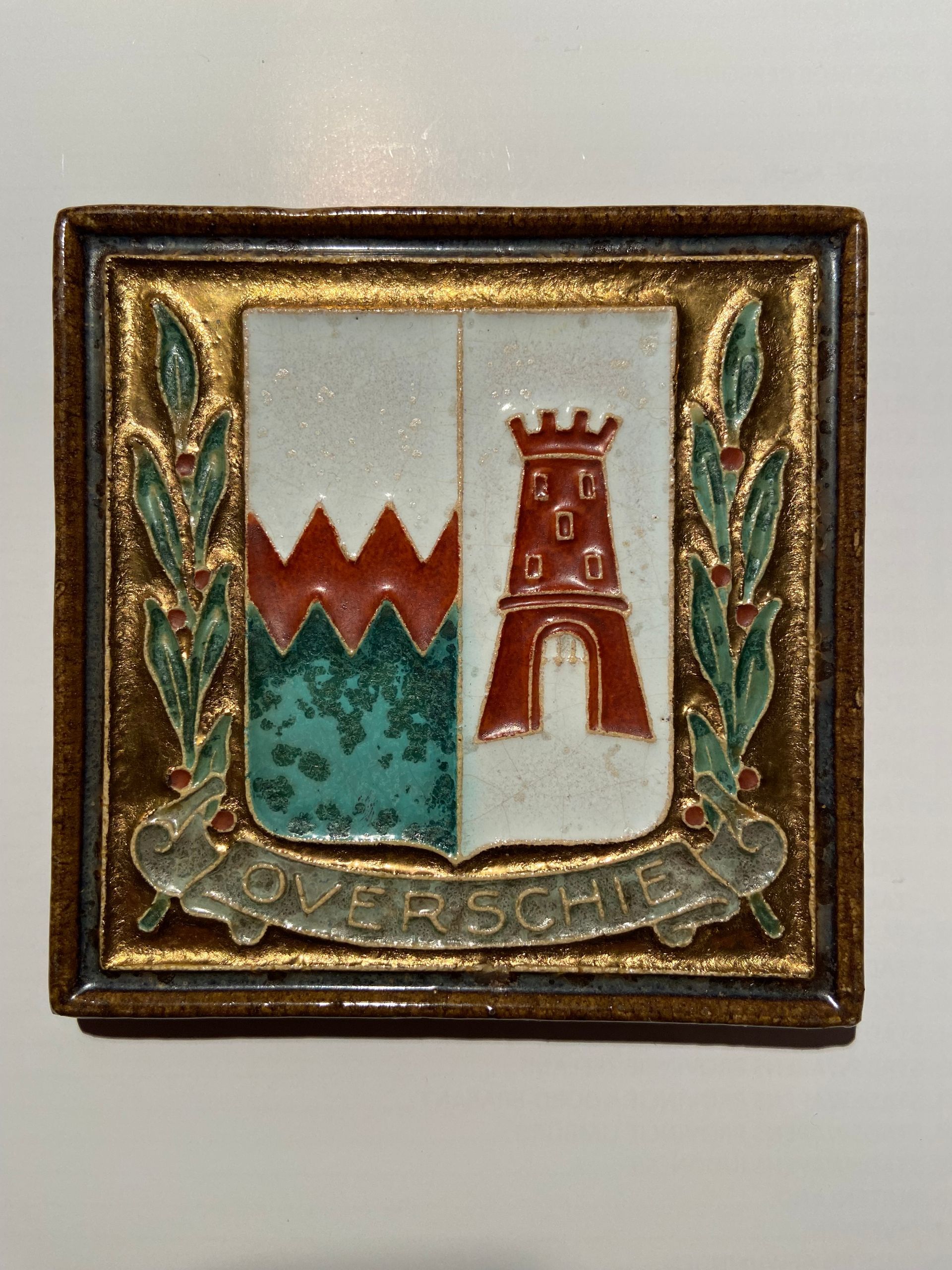 PFtile Porceleyne Fles Delft Cloisonne tile coat of arms