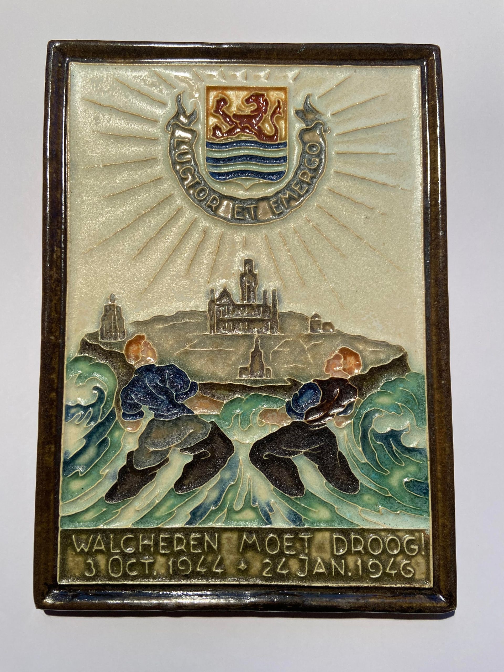 PFtile Porceleyne Fles Delft Cloisonne tile war and peace.