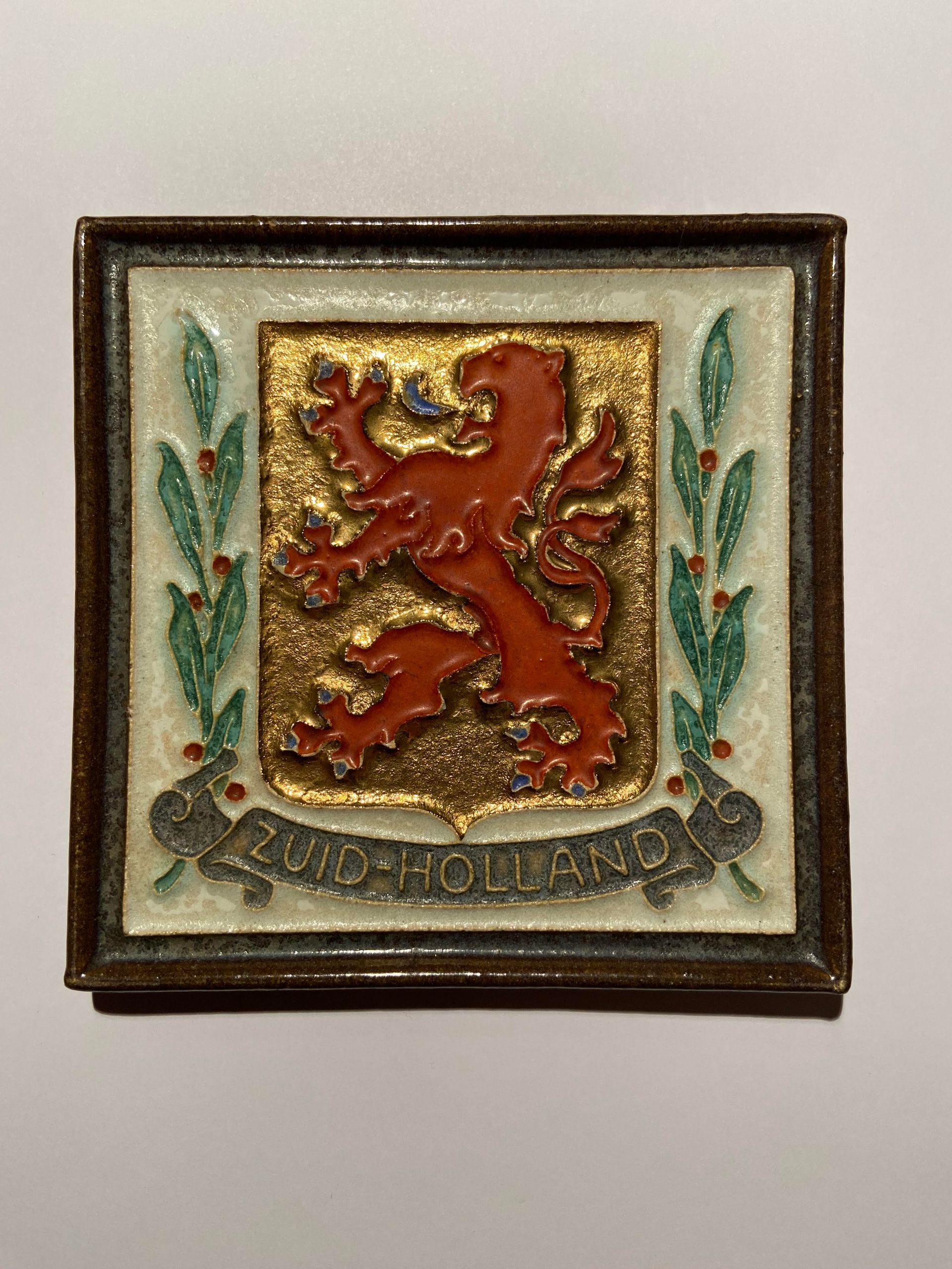 PFtile Porceleyne Fles Delft Cloisonne tile coat of arms