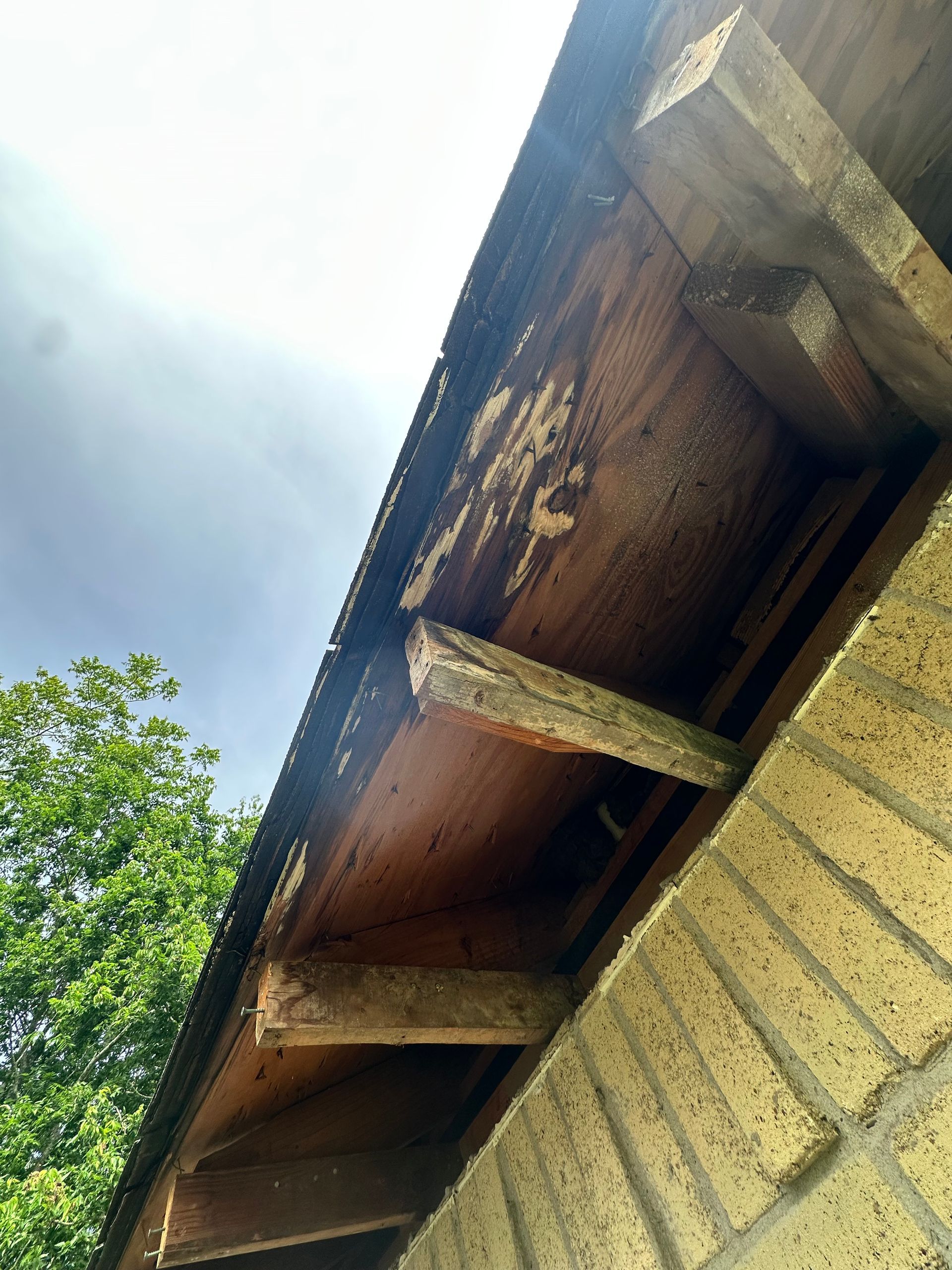 Damaged wooden eaves and soffit of a brick building. Rot and discoloration are visible.