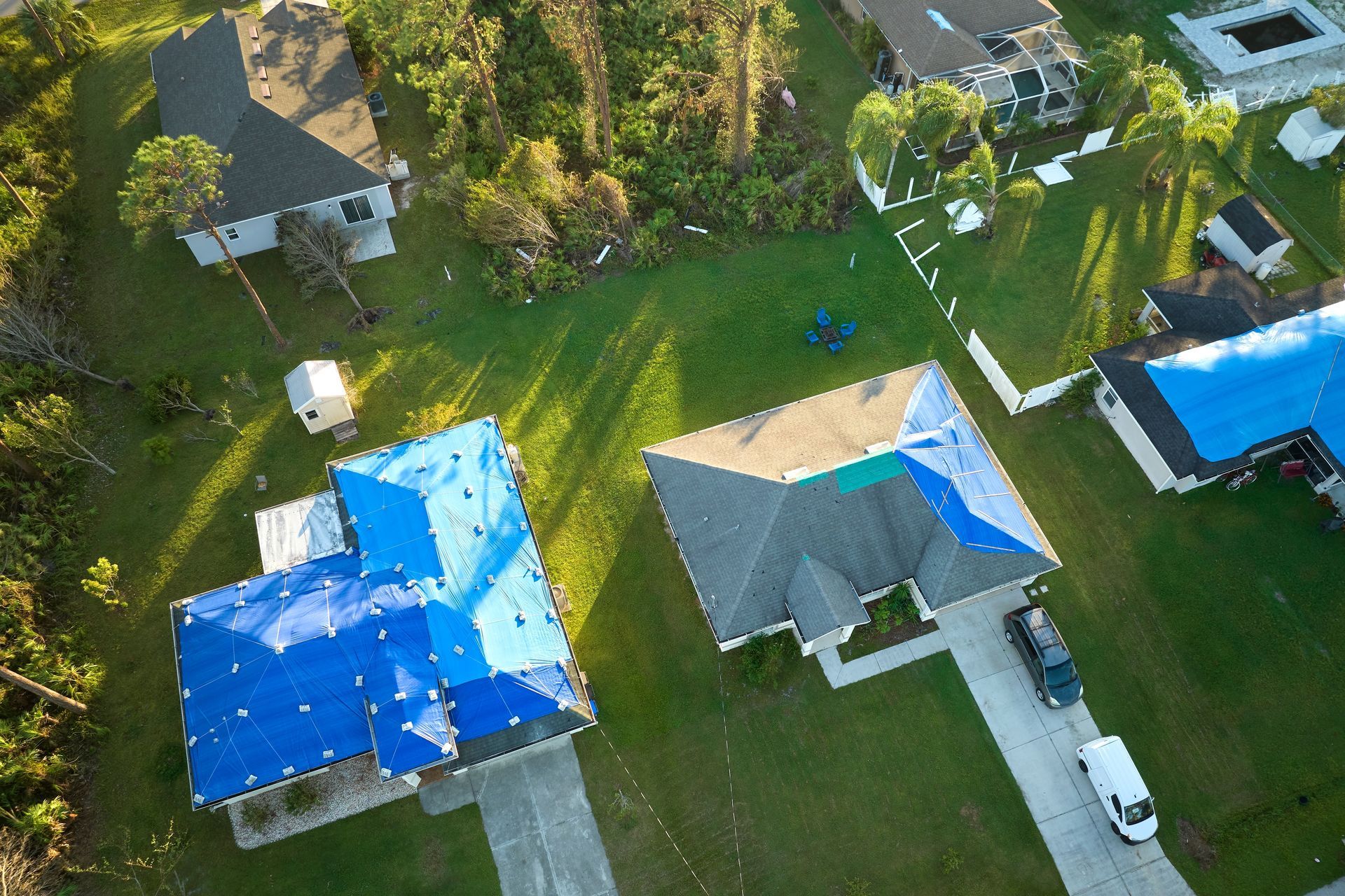 Aerial view of houses with blue tarps on roofs after a storm.