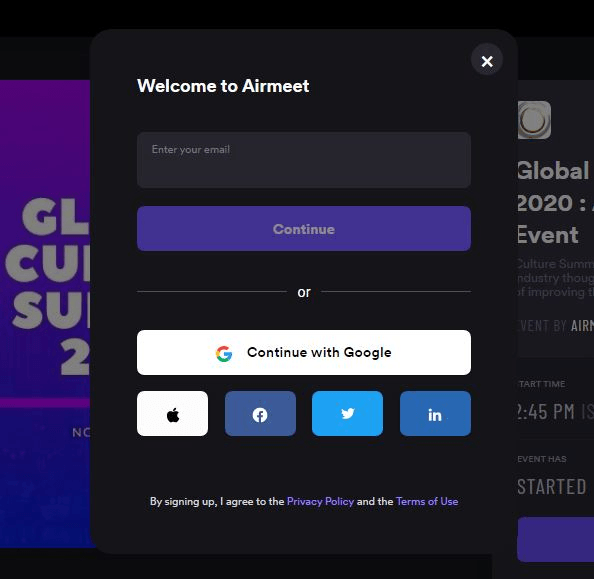 A screenshot of a website that says welcome to airmeet