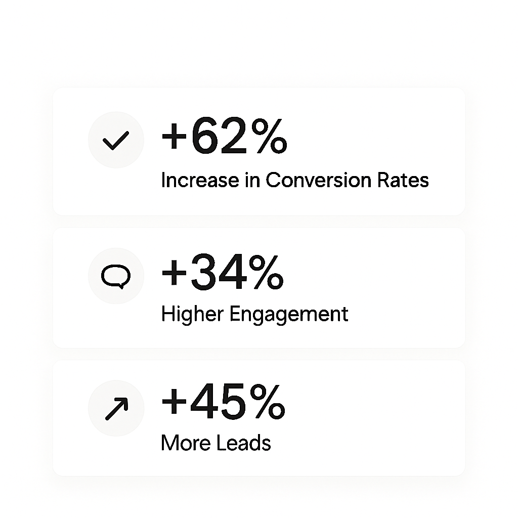 A screenshot of a dashboard showing increase in conversion rates , higher engagement , and more leads.
