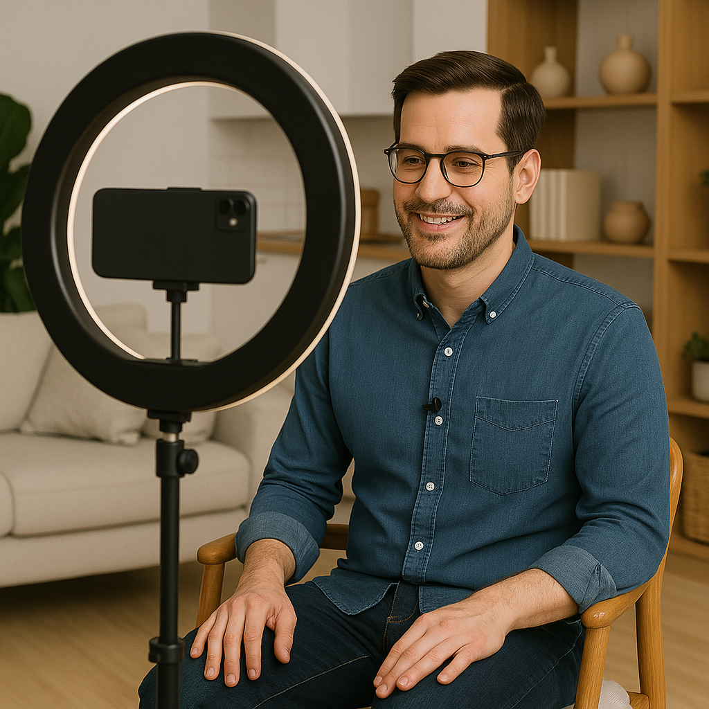 A man is sitting in a chair in front of a ring light.