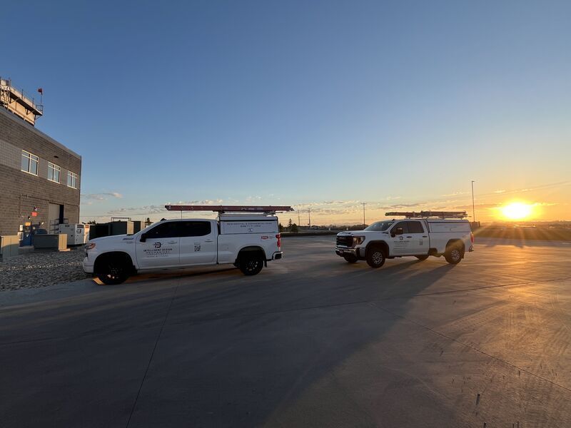 Two white trucks are parked in front of a building at sunset.