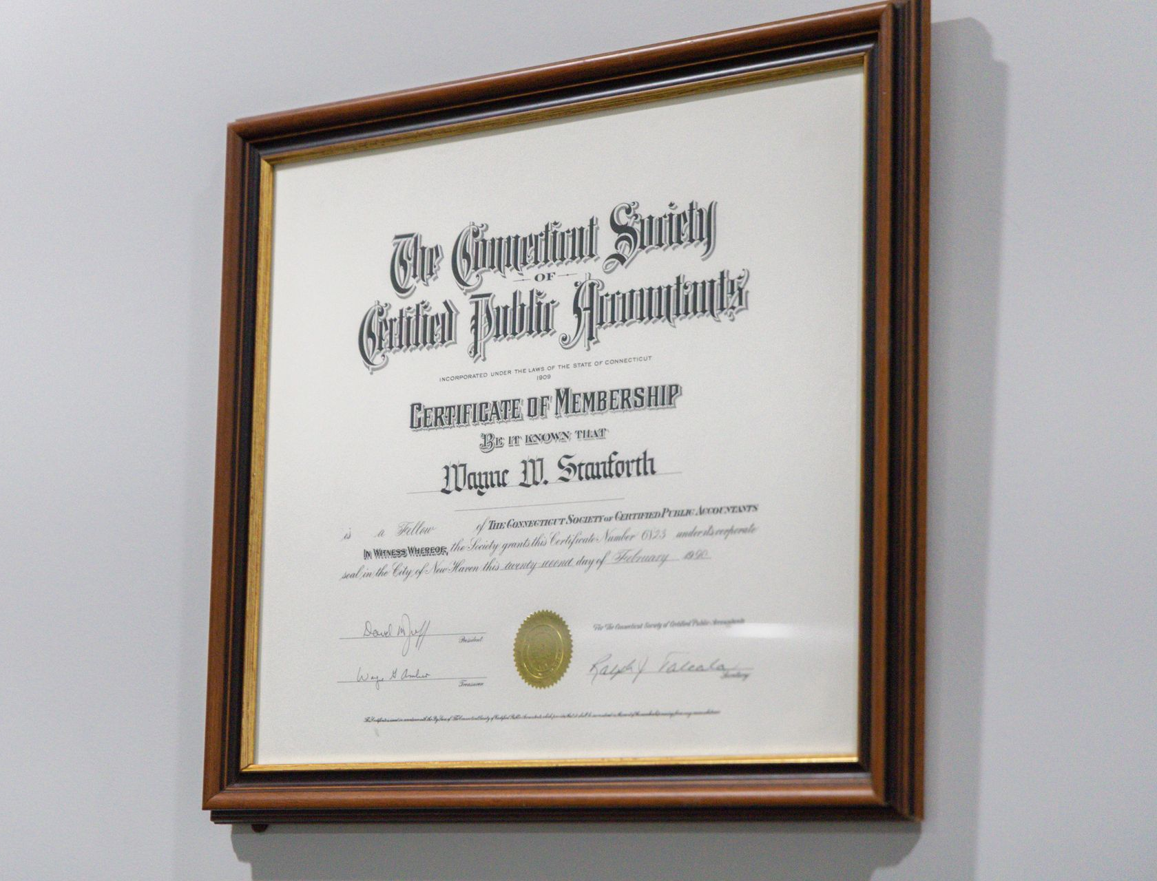 Framed certificate from The Connecticut Society of Certified Public Accountants.