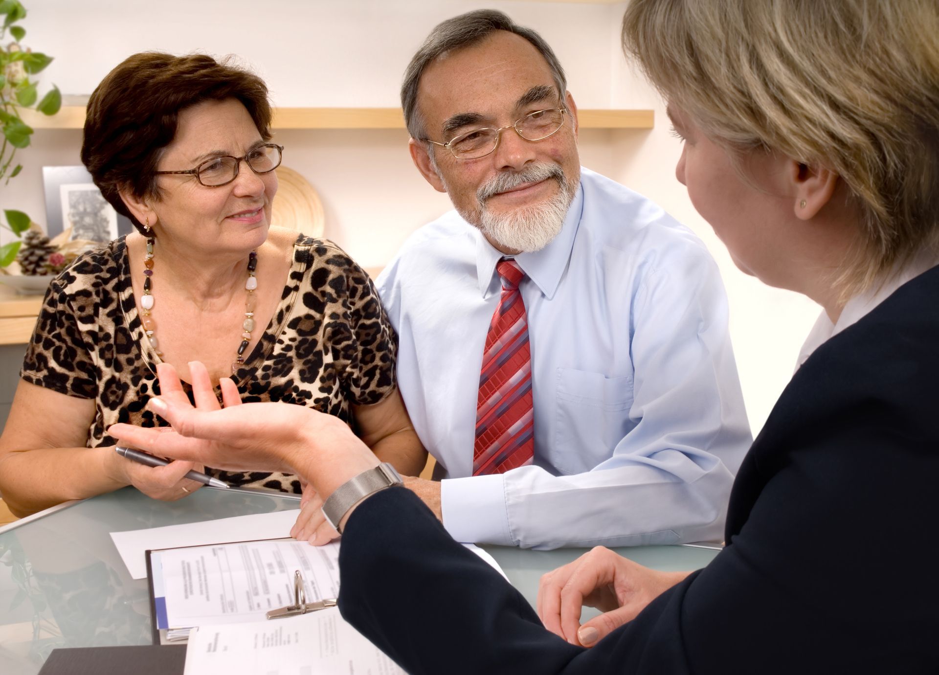 A senior couple is talking with a lawyer.