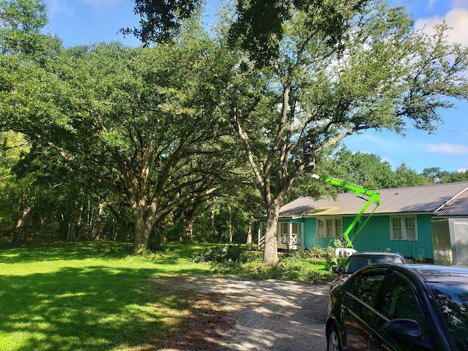 A car is parked in front of a house with trees in the background.