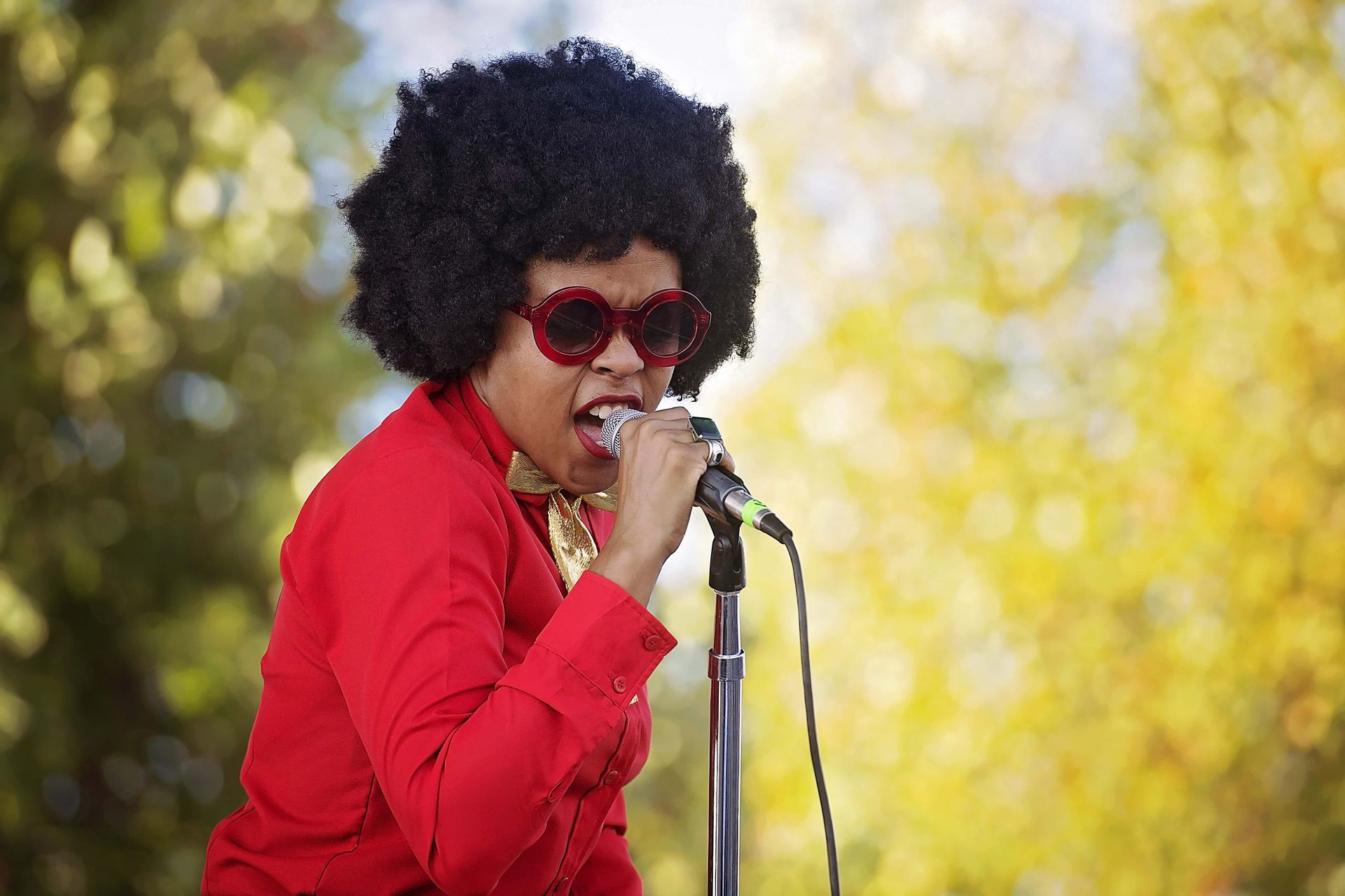 A woman in an afro wig and sunglasses is singing into a microphone.