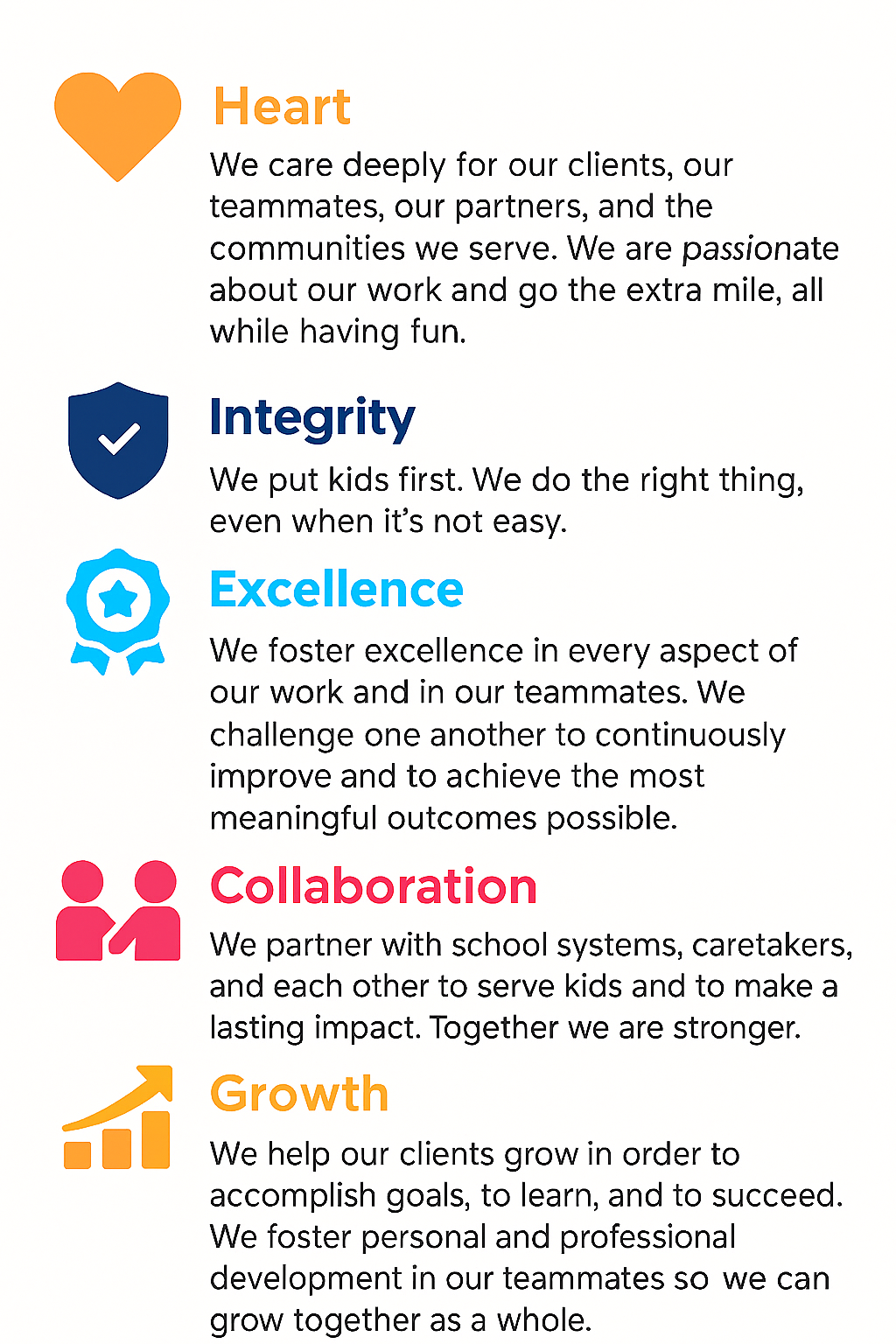 Core values graphic: Heart, Integrity, Excellence, Collaboration, and Growth. Each defined with brief text.