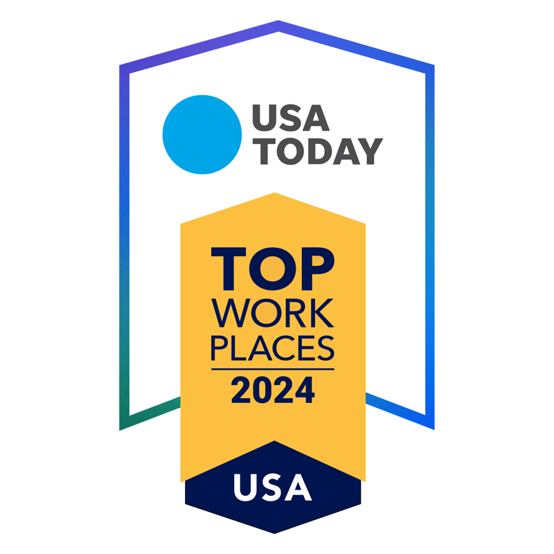 USA Today Top Workplaces 2024 award logo with a blue, gold, and green color scheme.