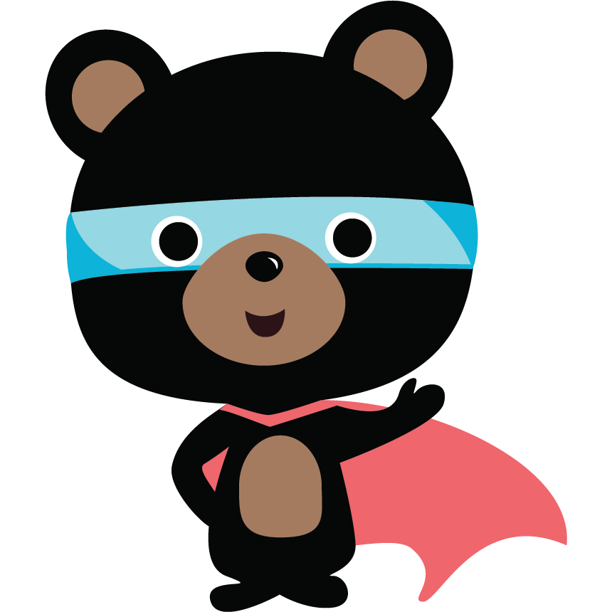 Superhero bear with black fur, wearing blue eye mask and pink cape, waving.