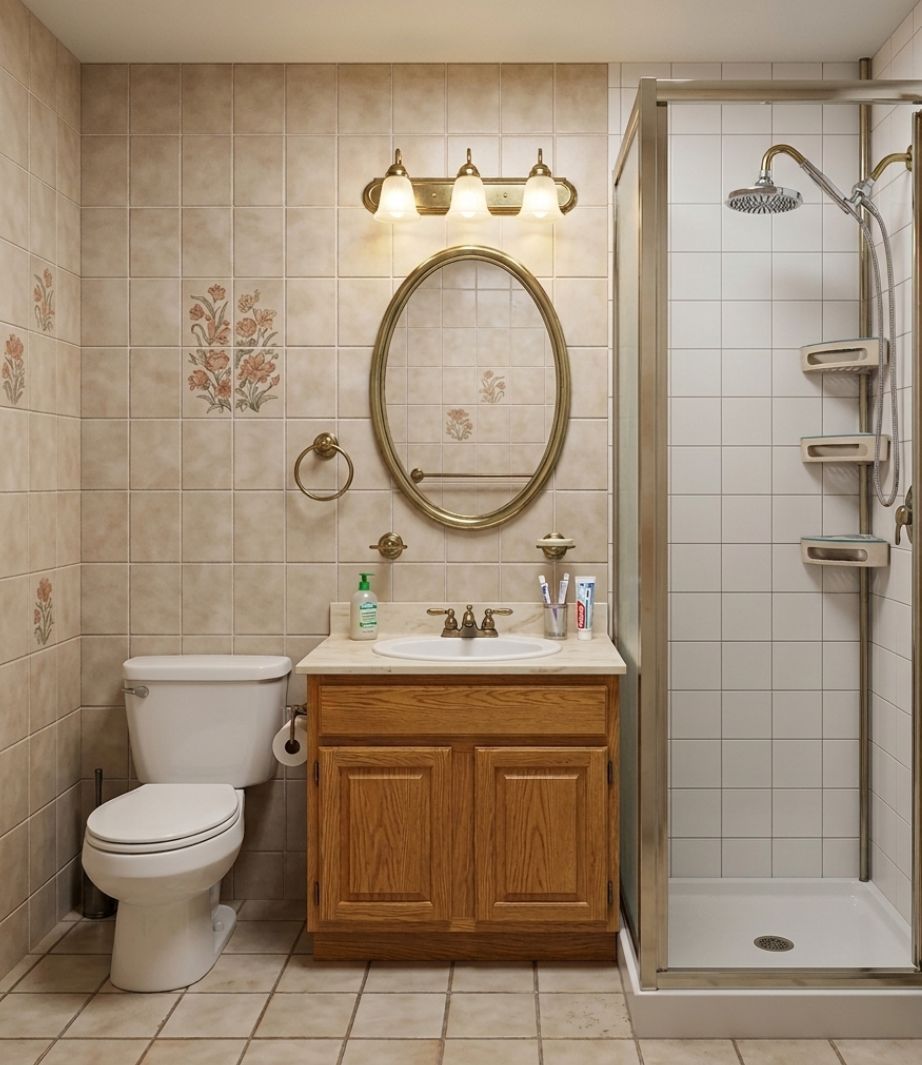 A neutral-toned bathroom with a wood vanity, white toilet, oval mirror, wall-mounted light, and a glass-enclosed shower.