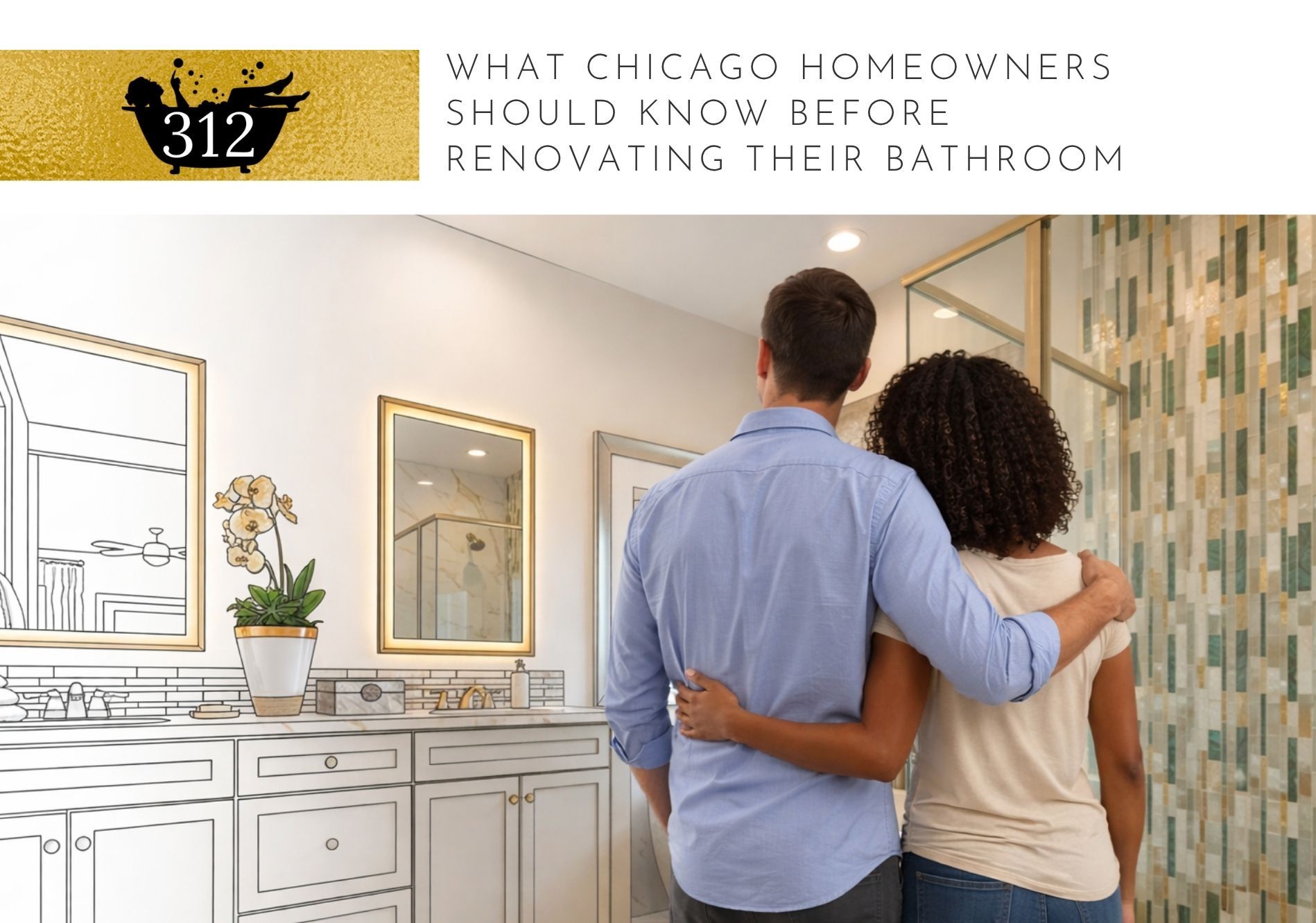 A couple stands in a newly renovated bathroom, looking at the shower area, with a