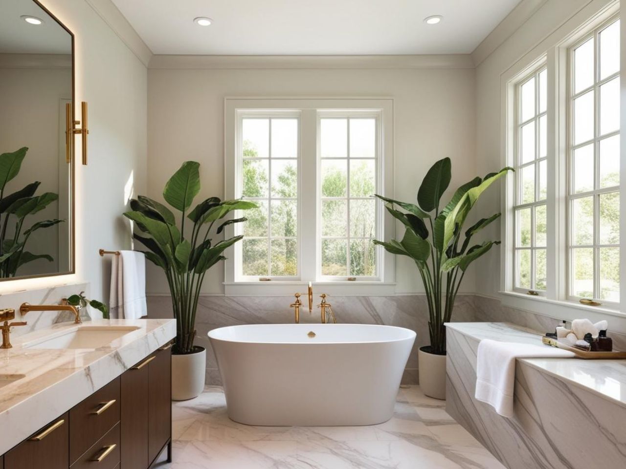 A bright, modern bathroom with a freestanding white tub, two large potted plants, and marble counters under two windows.