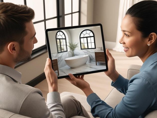 Two people sit on a couch, looking at a digital tablet displaying a bathroom renovation design with a white soaking tub.