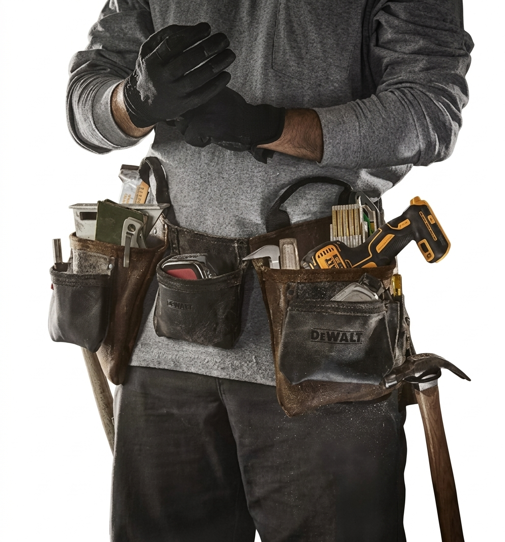 A person wearing a DeWalt leather tool belt filled with various hand tools and a cordless drill against a white background.