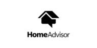 HomeAdvisor logo: A black house icon with a speech bubble integrated into the base, above the text