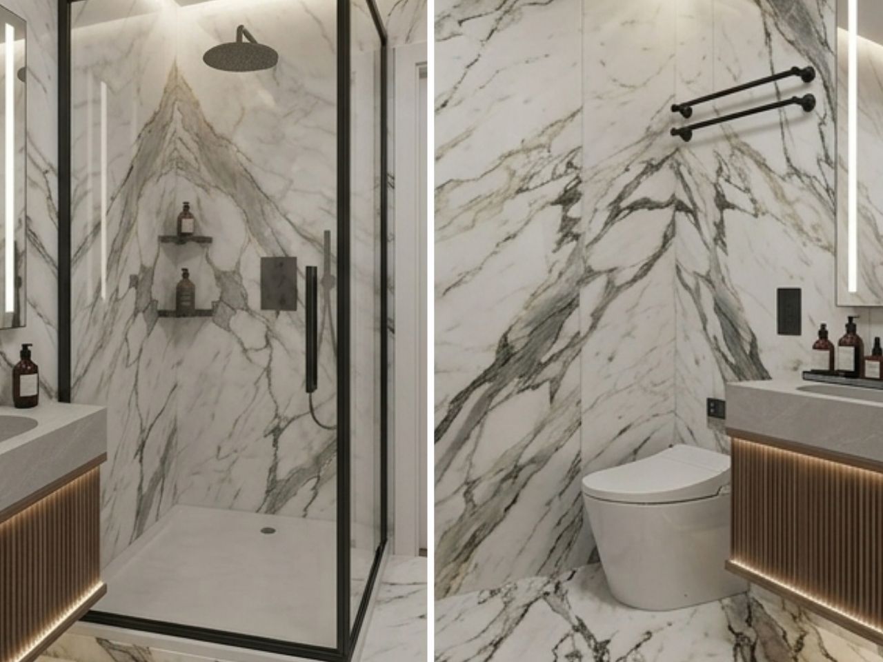 Modern bathroom interior with white veined marble tiles, a glass-enclosed shower, a wall-mounted toilet, and wood accents.