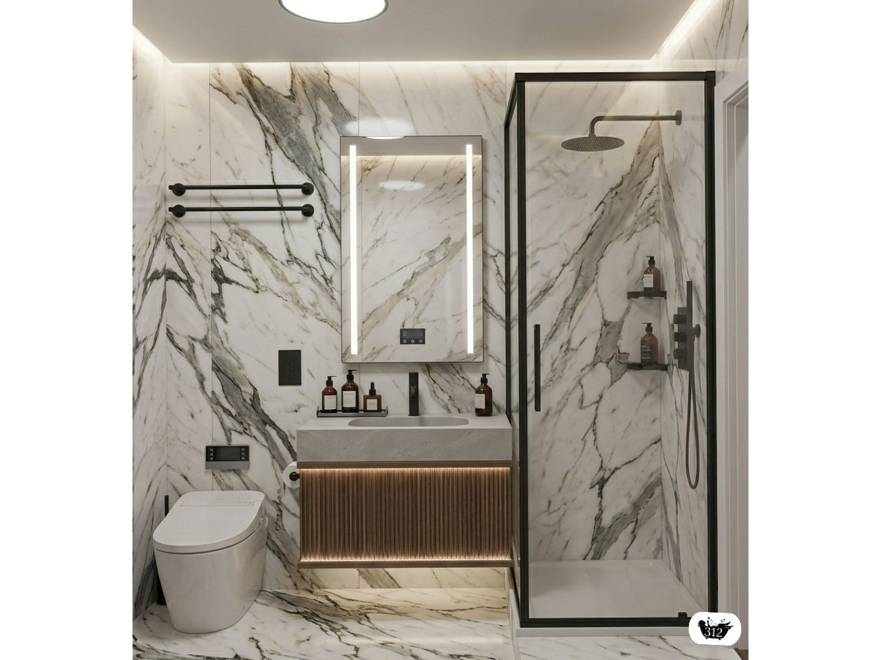 Modern bathroom featuring white marble walls, a wall-mounted wood-slat vanity, a floating toilet, and a glass shower stall.