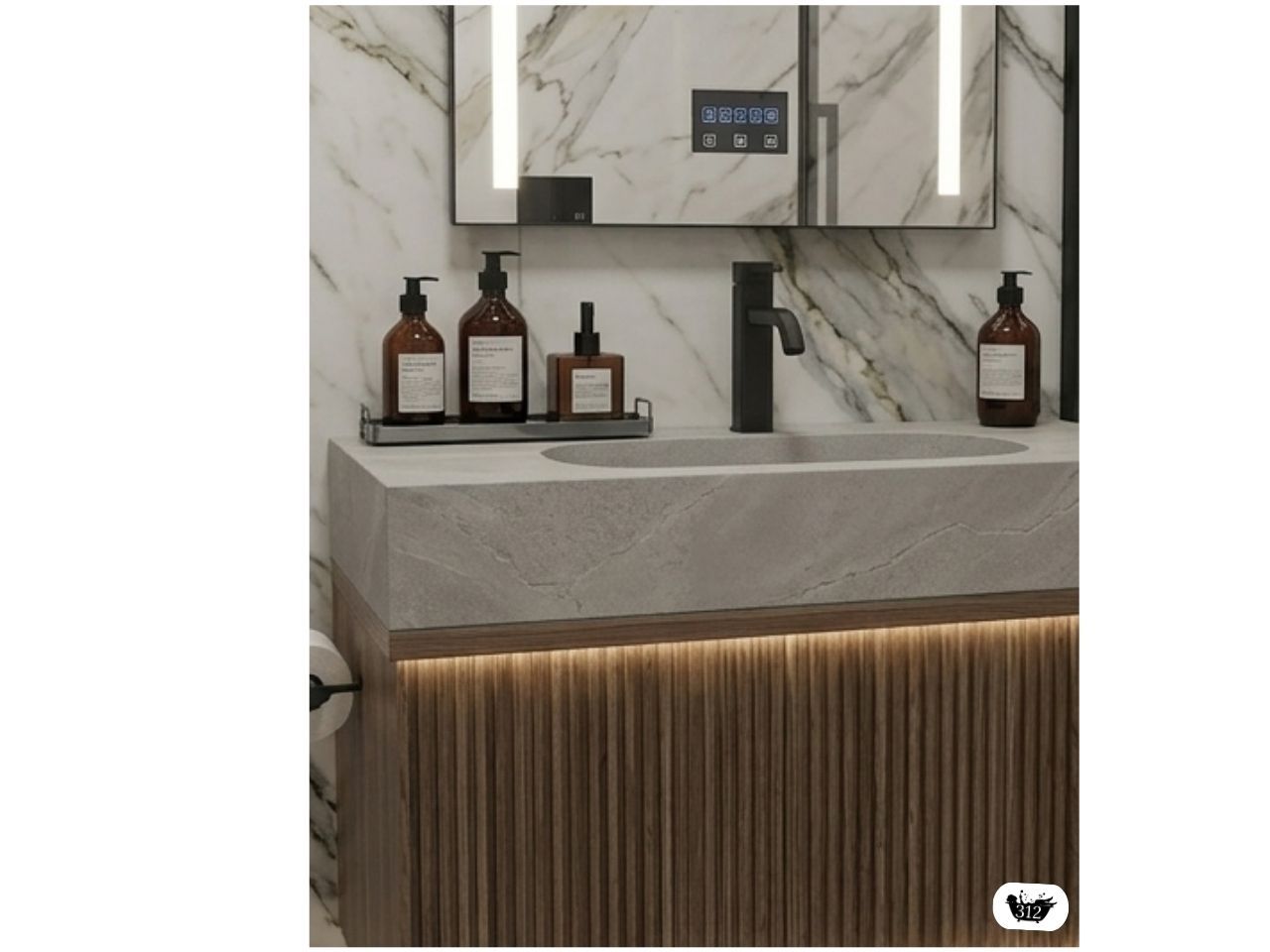 A modern bathroom vanity with a concrete sink, dark wood slatted cabinet, marble wall, and smart mirror.