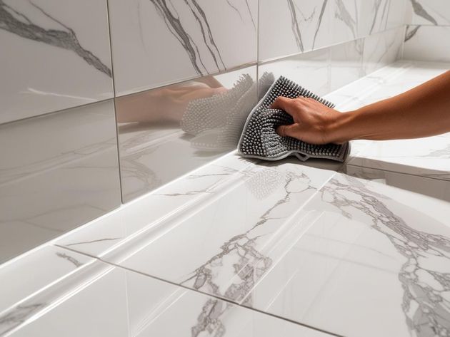 A hand uses a textured grey cloth to clean white marble tiles with grey veining in a corner.