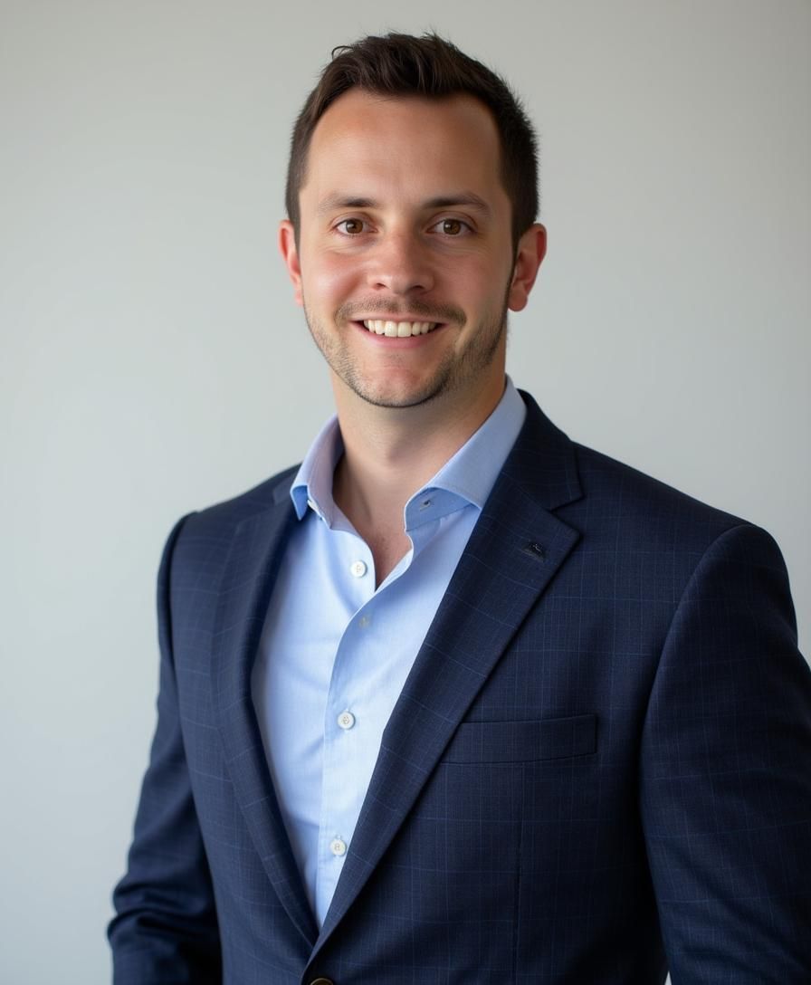Man in blue blazer and shirt smiles at the camera, standing against a plain white background.