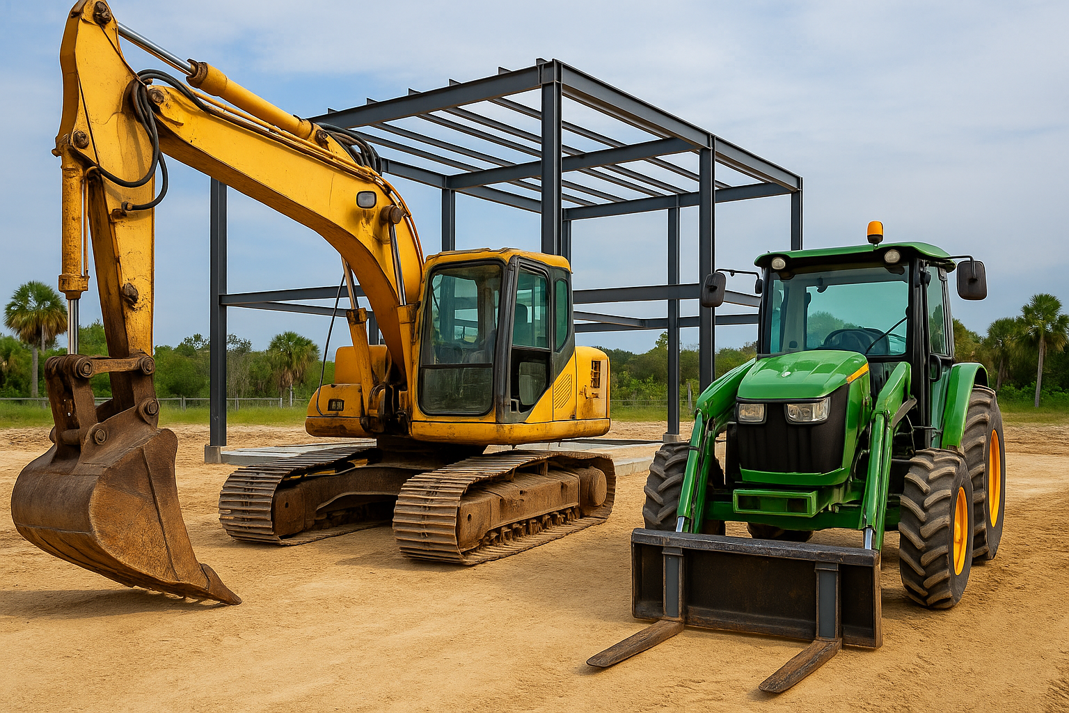 A realistic photo of a Florida job site featuring a yellow excavator and a green tractor beside a steel framework under a partly cloudy sky, representing Sanchez Machine Shop’s support of the construction and agriculture industries through durable, precision-engineered equipment and fabrication services.