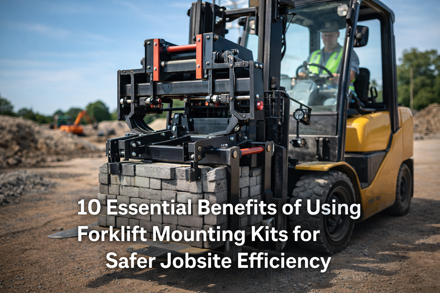 A forklift on a Florida construction site uses a secure forklift mounting kit to lift