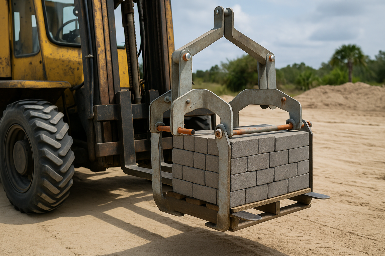 gravity paver clamp on a yellow forklift in a sandy area
