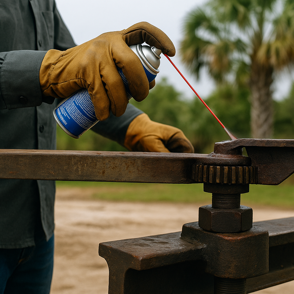 Person wearing gloves sprays lubricant on rusty metal gears outdoors. Maintenance for Metal