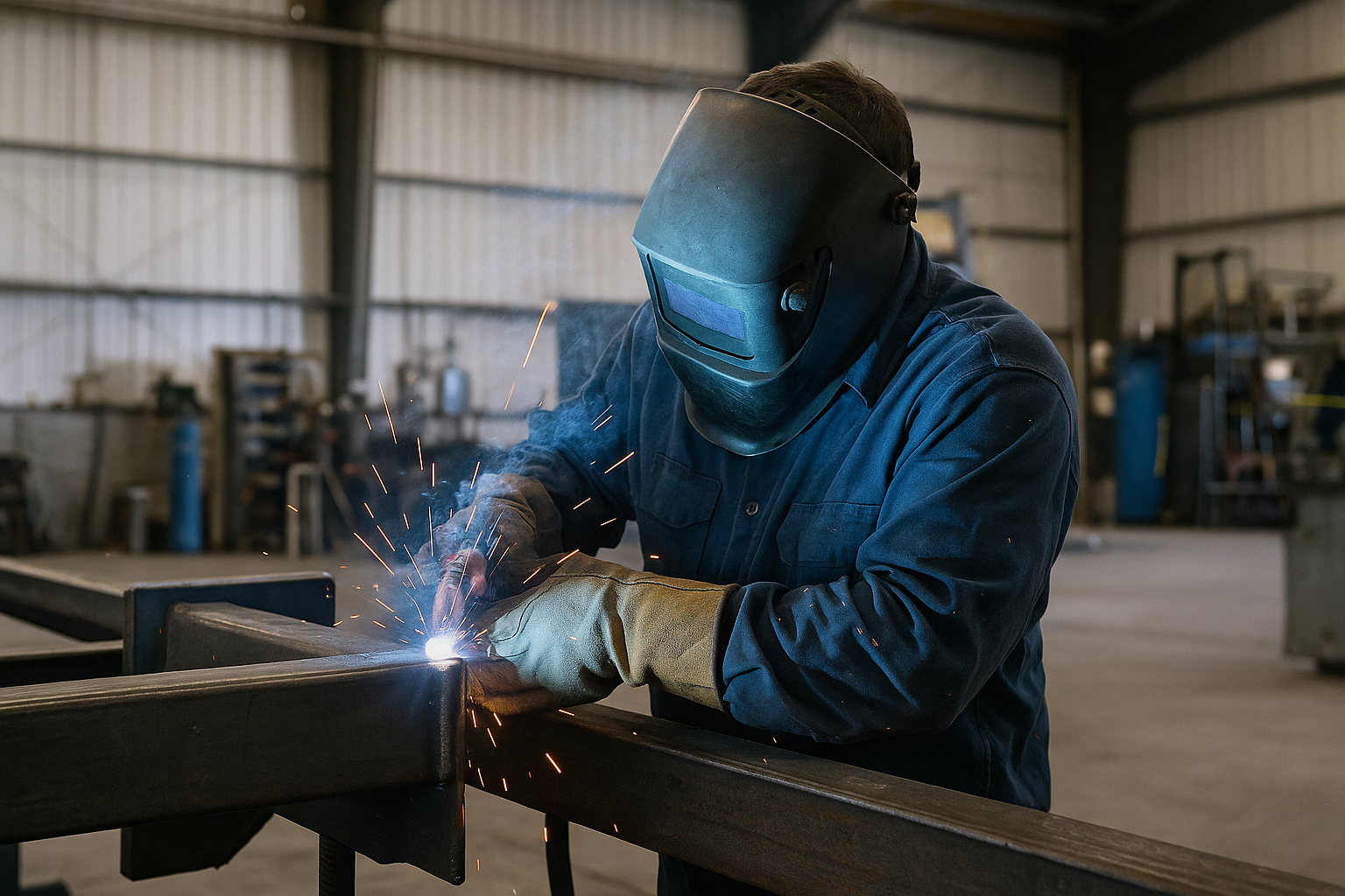 A welder in protective gear inspects and repairs industrial metal equipment inside a Florida workshop, using MIG welding tools with bright sparks and a clean, organized workspace — representing professional welding repair and replacement services by Sanchez Machine Shop in Arcadia, FL.