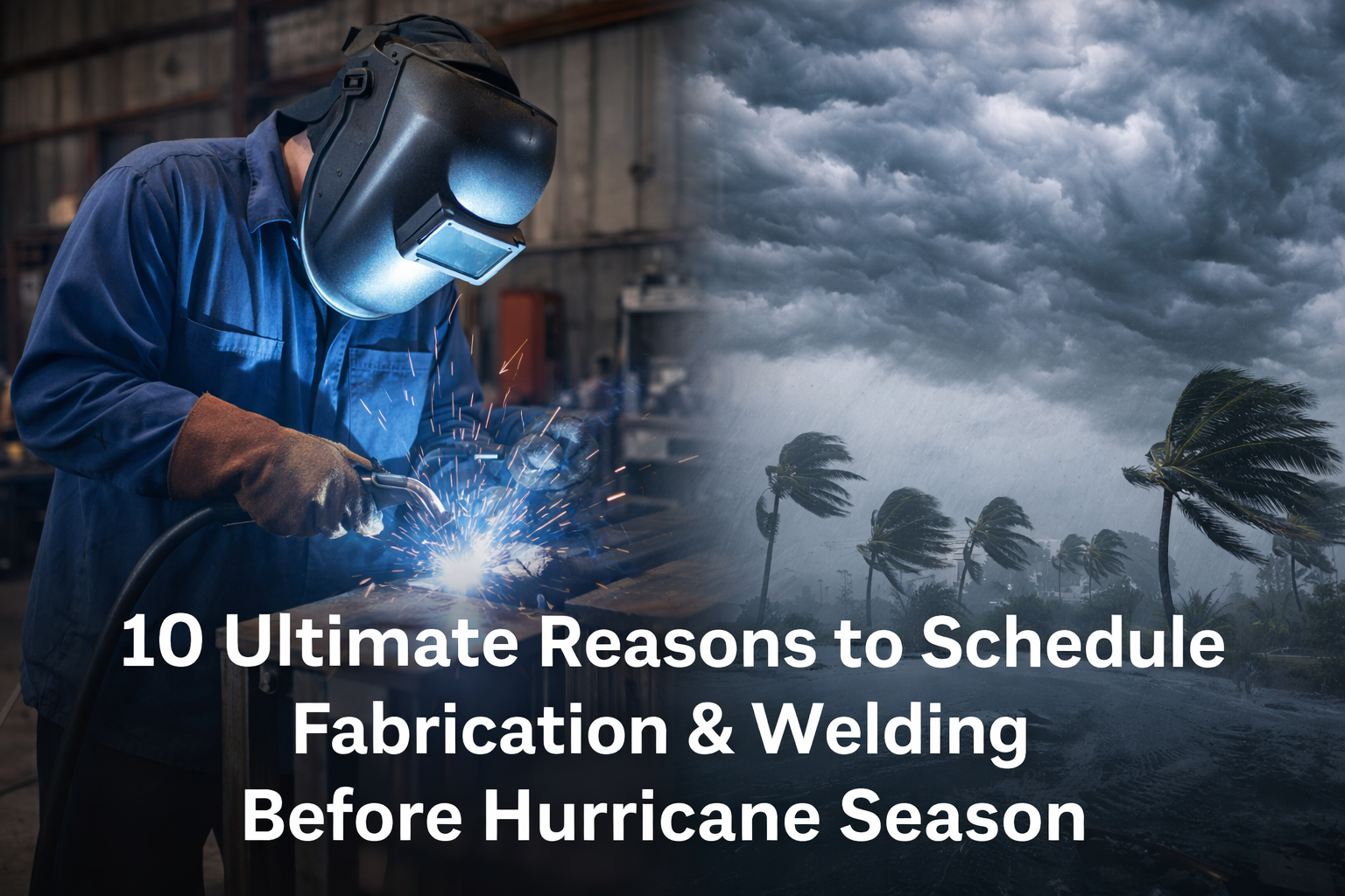 A professional welder in a Florida metal fabrication shop performs welding work while storm clouds and wind-bent palm trees appear in the background, illustrating the importance of scheduling fabrication and welding projects before hurricane season in Florida.