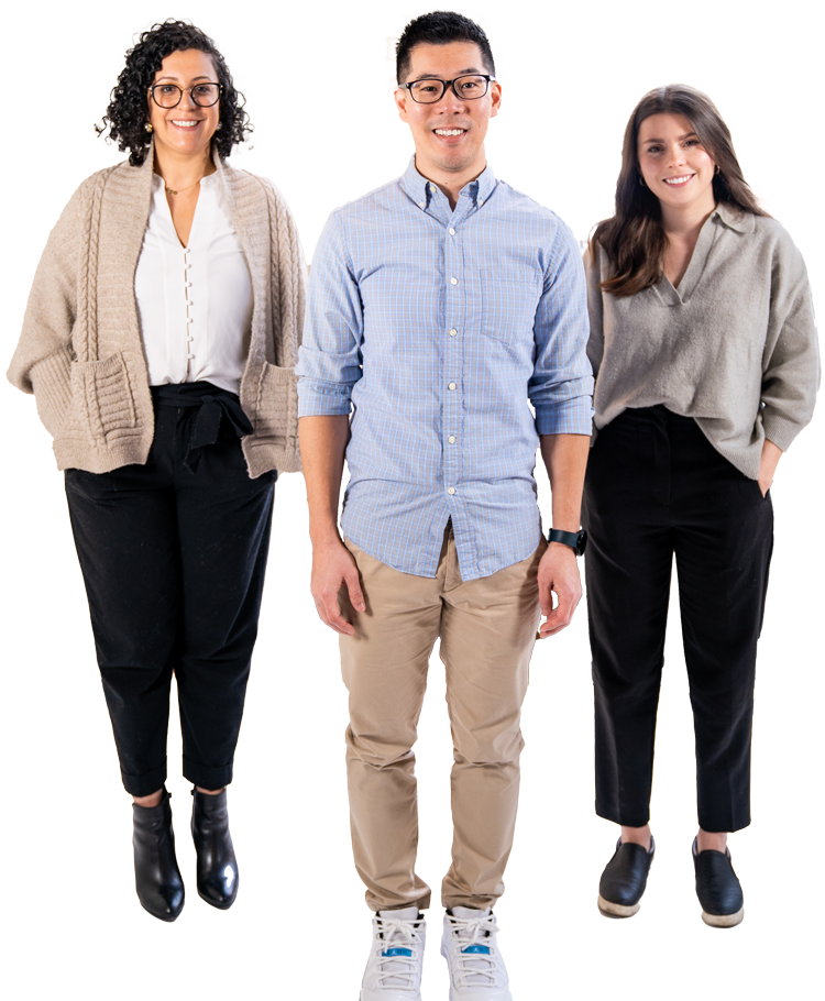Three people standing next to each other on a white background