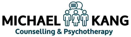 A logo for michael kang counseling and psychotherapy with three people and speech bubbles.