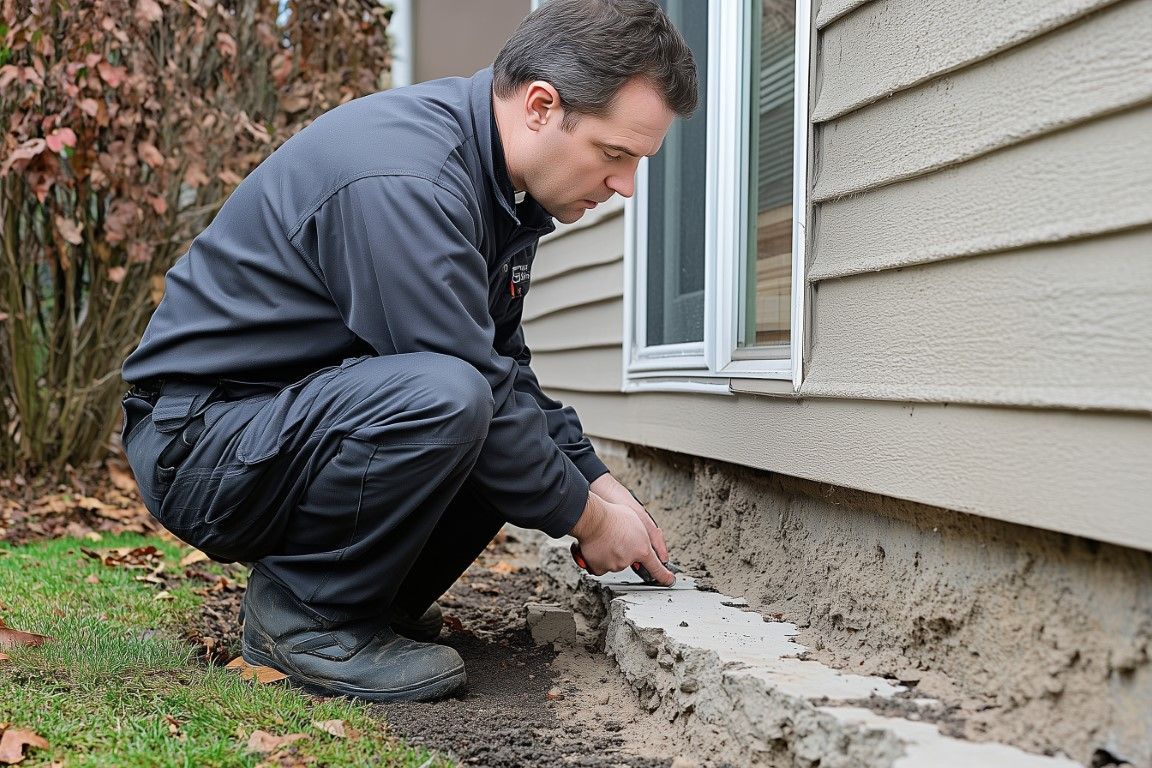 Man in dark work clothes examines foundation of a house. He crouches near a window.