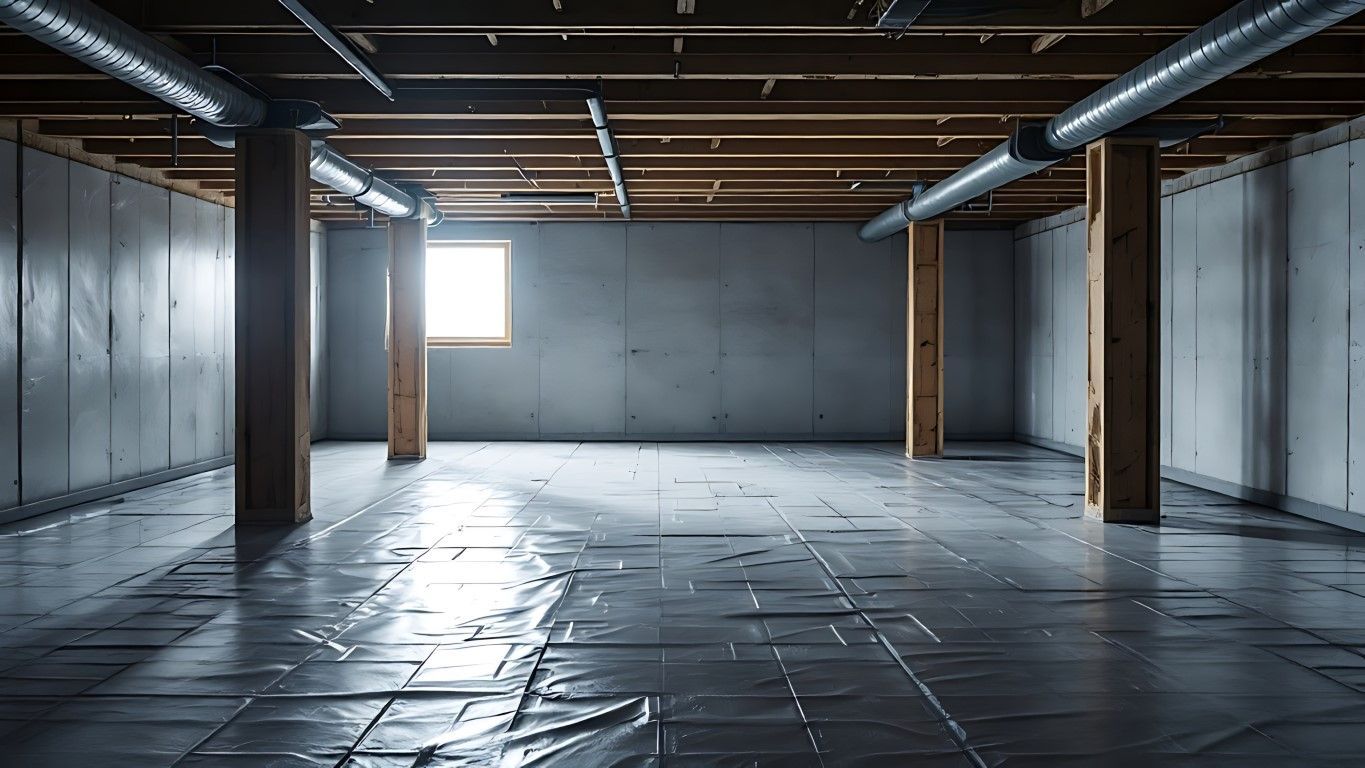 Empty basement with exposed beams, support posts, window, and reflective flooring.
