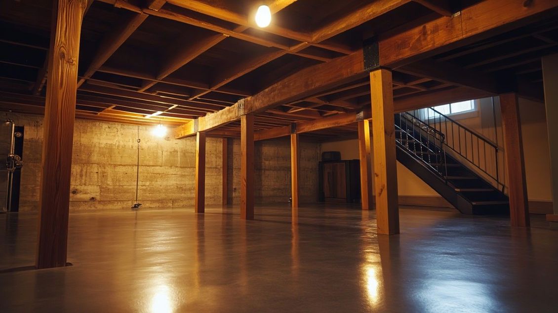 Empty concrete basement with wooden beams and stairs.