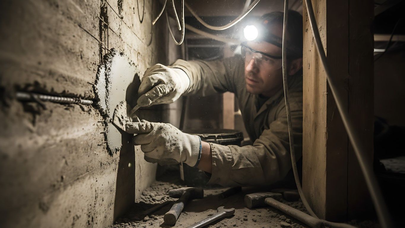 A person wearing a headlamp and gloves, working on a wall in a dimly lit, confined space.