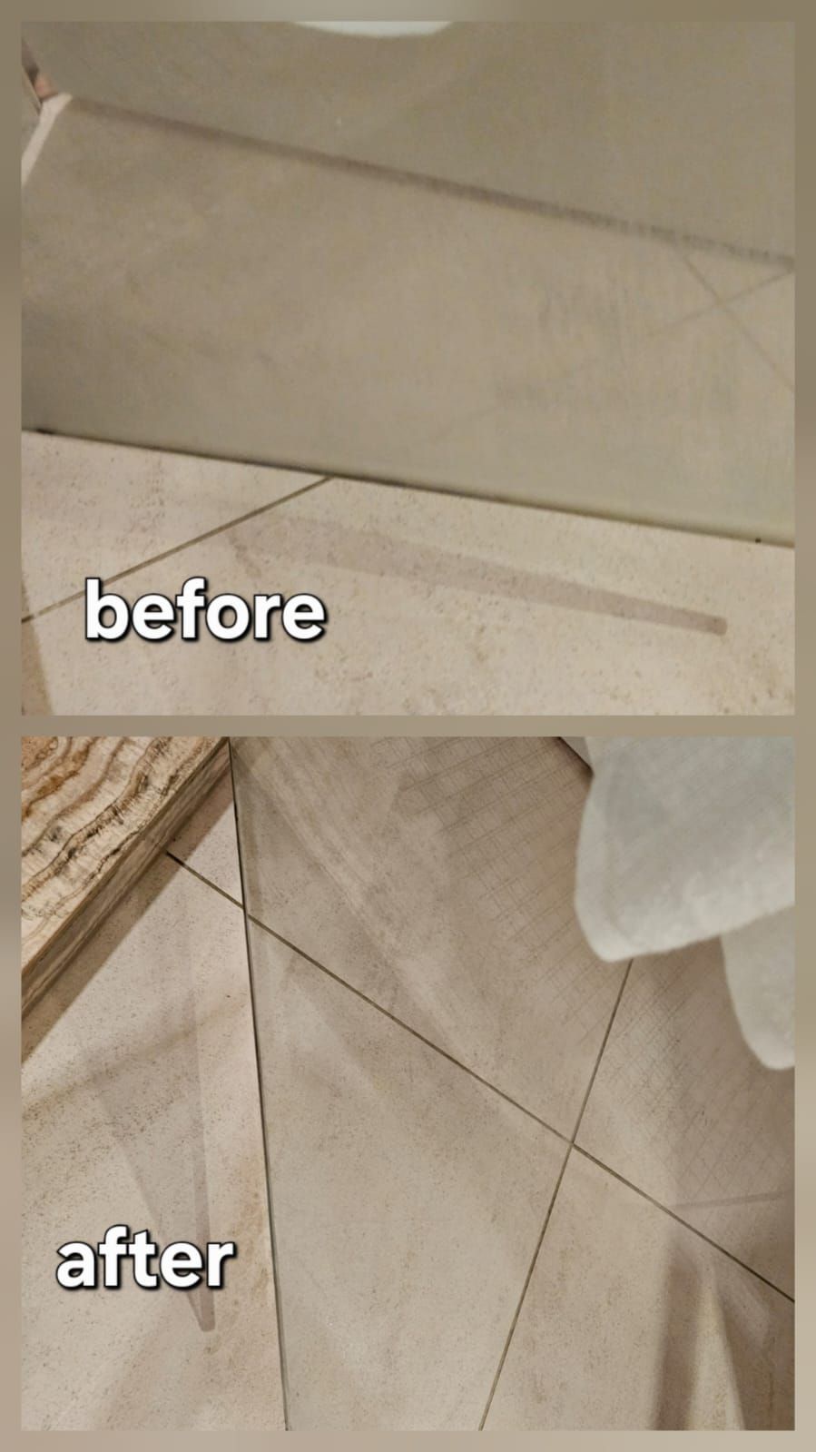 Before and after photos of a cut wooden trim, beige walls and tan floor.