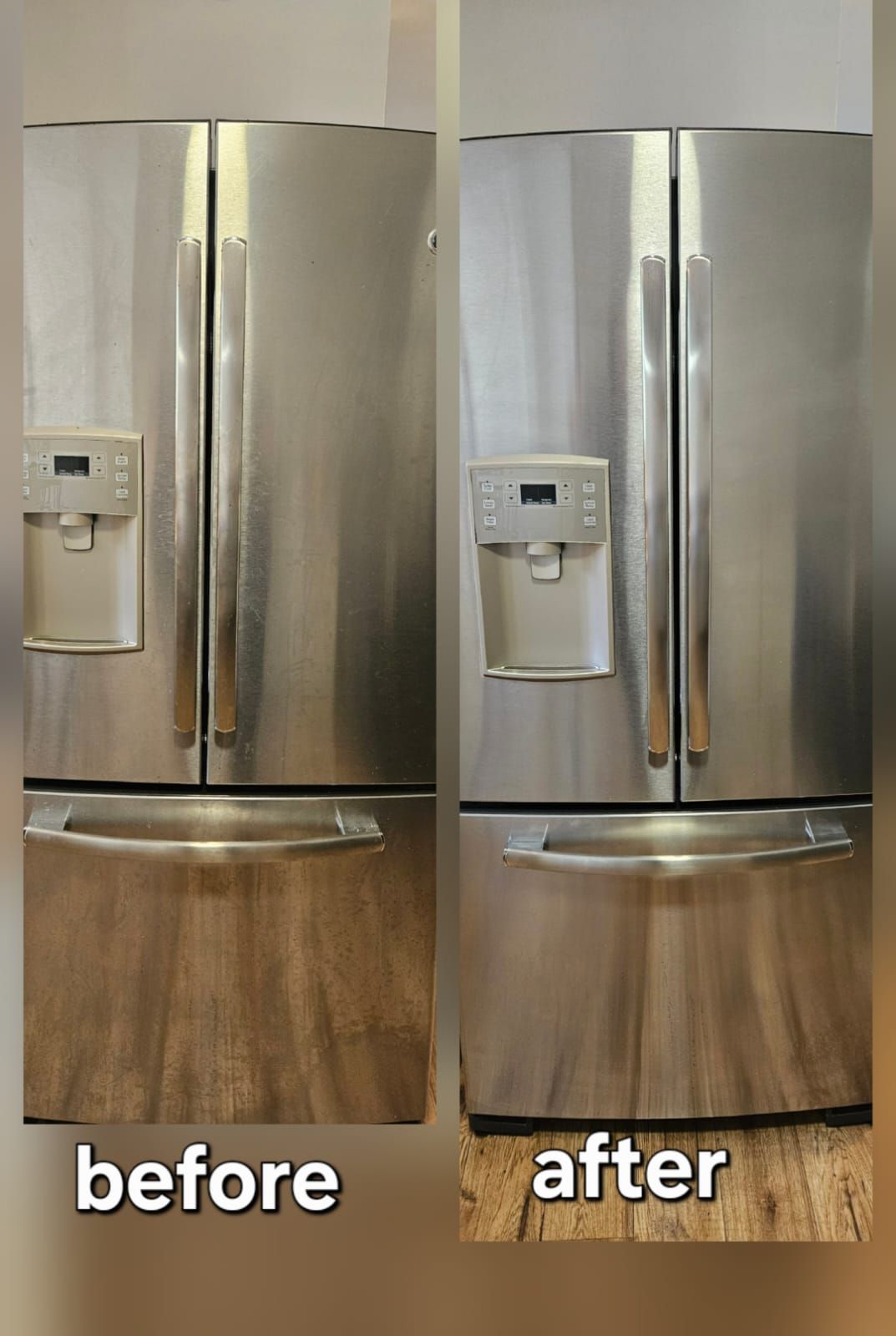 Stainless steel refrigerator before and after cleaning, showing noticeable improvement.