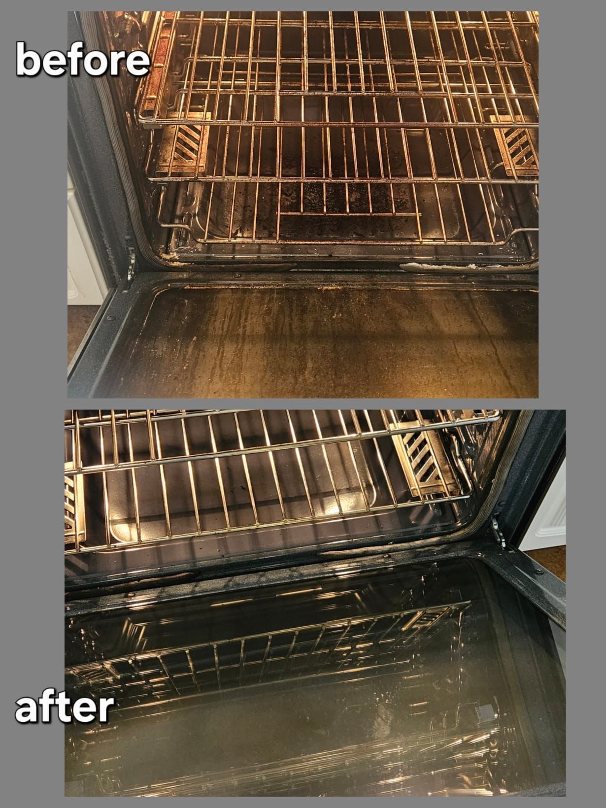 Comparison of before-and-after oven cleaning. Top, dirty oven. Bottom, clean oven with shiny surfaces.