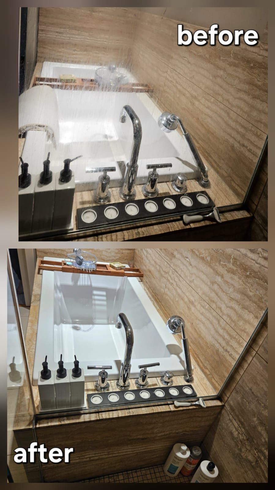 Top: Bath with water, faucets. Bottom: Empty bath, clean. Wooden walls, silver fixtures.