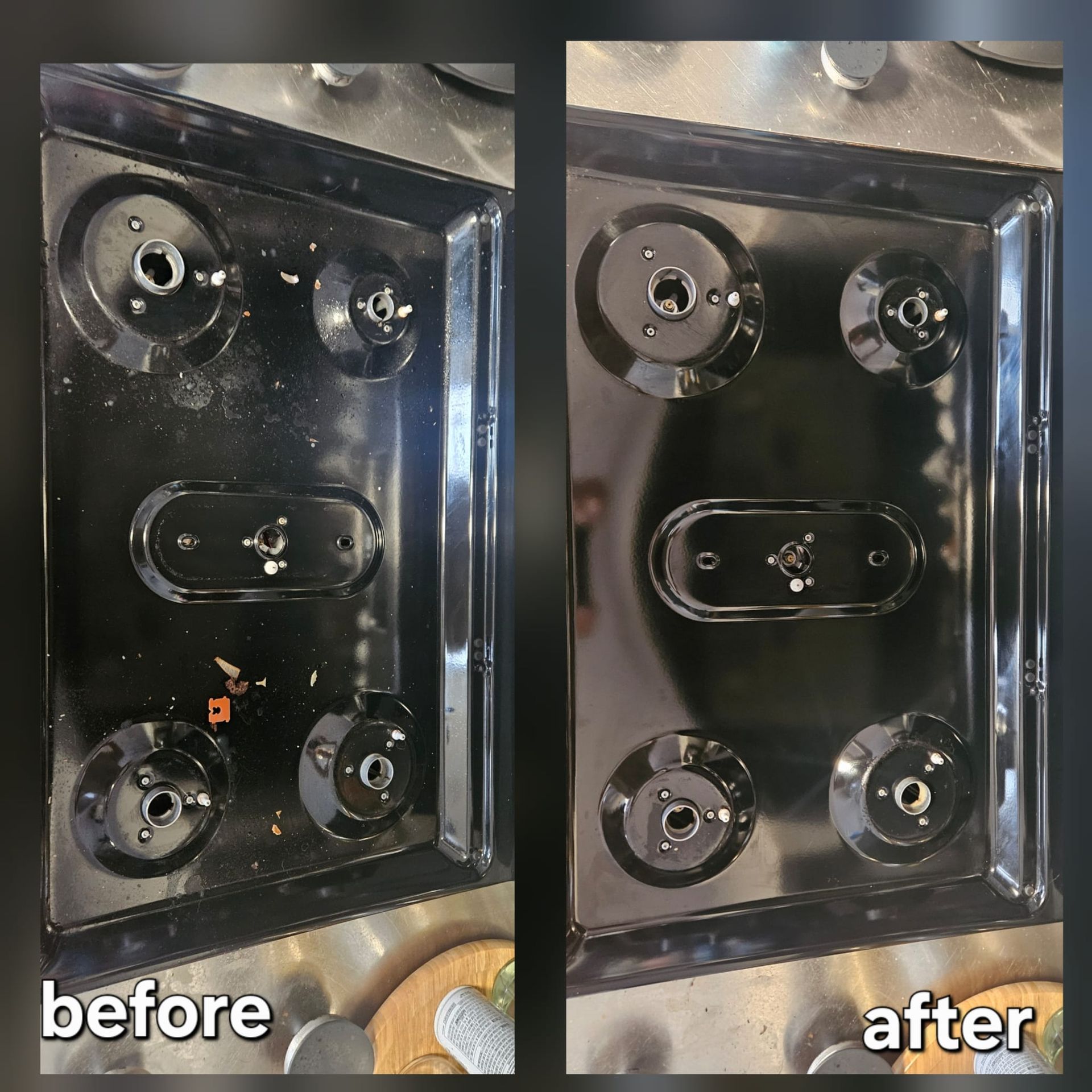 Comparison of a dirty stovetop before cleaning and a clean stovetop after cleaning.