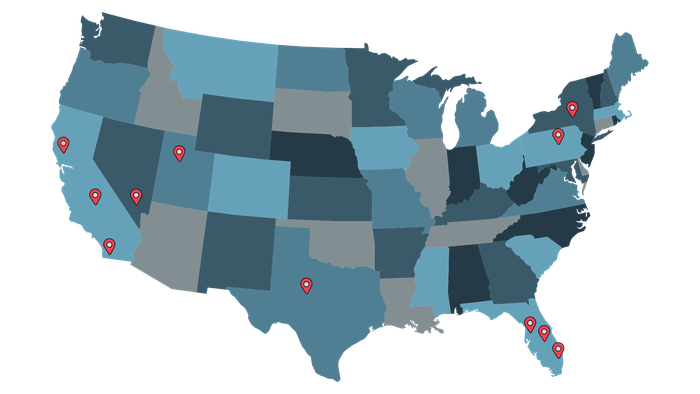 Map of the United States with red location pins indicating sites in various states.