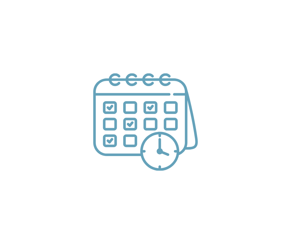 Calendar icon with checkmarks and a clock.