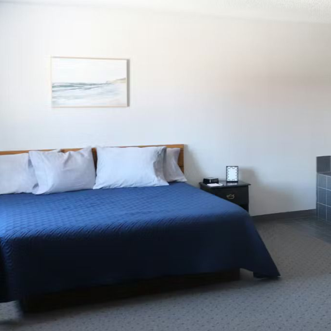 Bedroom with bed, blue cover, white pillows, nightstand, artwork.