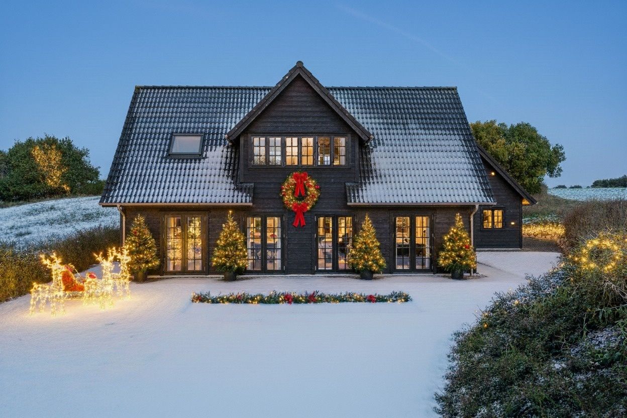 et stort hvidt hus med gråt tag står midt på en græsmark.