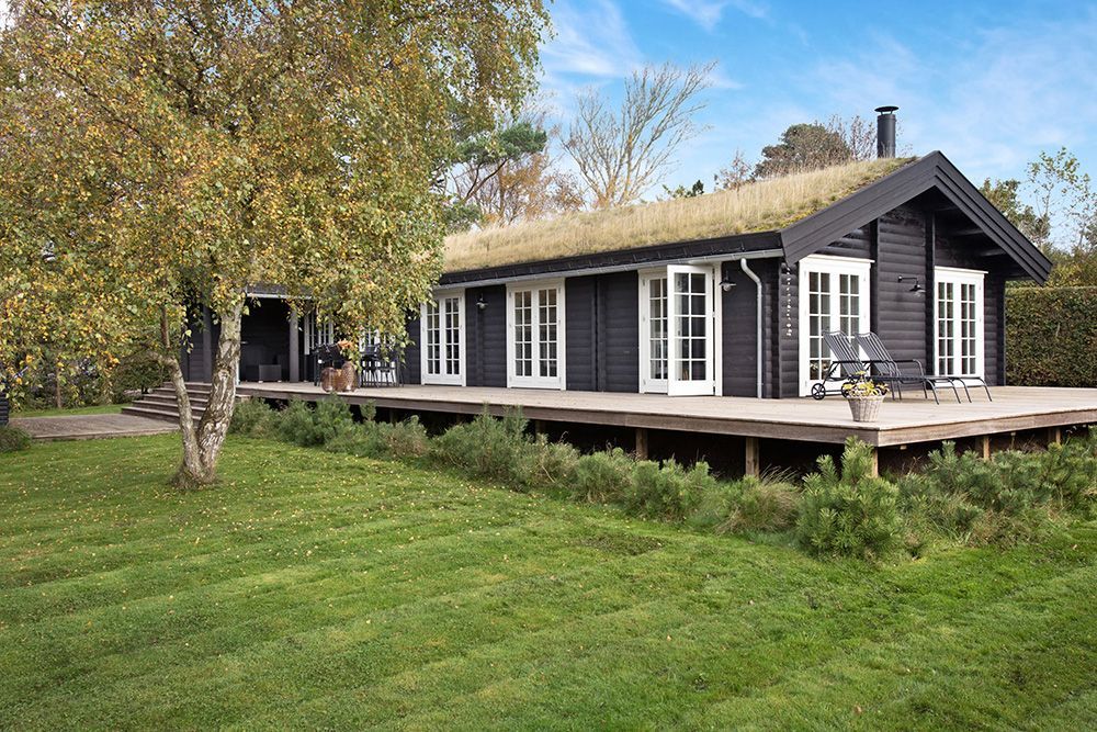 et træhus med tag, der har græs på