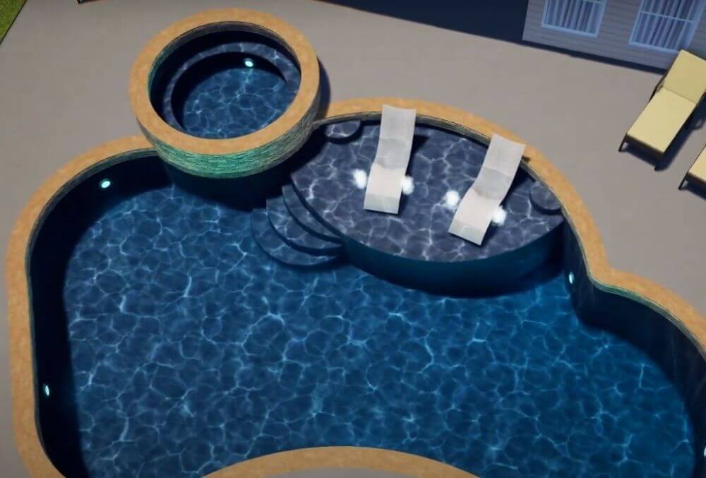 3D design of custom sized pool with a circular spa and two beach chairs
